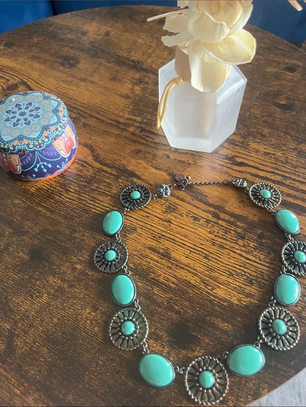 Dress Barn Turquoise Stone Necklace with Silver-Tone Medallions